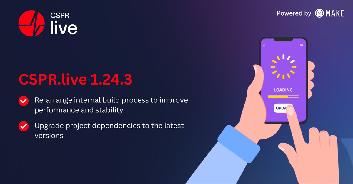 csprlive's tweet photo. Introducing https://t.co/PZG532yNO4 - 1.24.3 ⭐️

✅ Re-arrange internal build process to improve performance and stability
✅ Upgrade project dependencies to the latest versions

Start using the #1 @Casper_Network explorer now! 

#Casper $CSPR https://t.co/zSzOSTtq0o