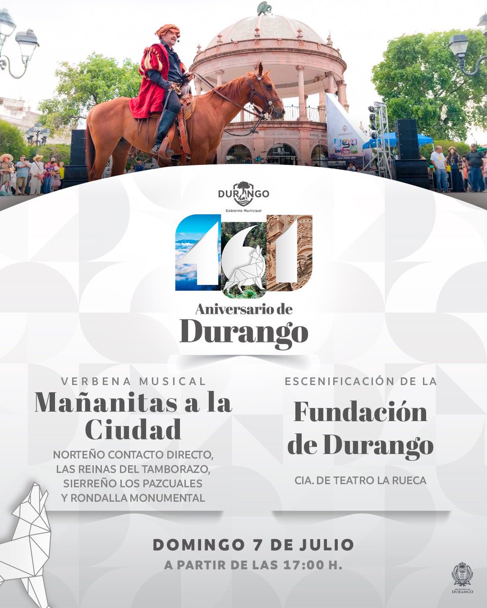 ¡Celebremos como la gran familia duranguense que somos! 🦂🫶🏼

Los esperamos en la Plaza de Armas el domingo. 🪗🥁
