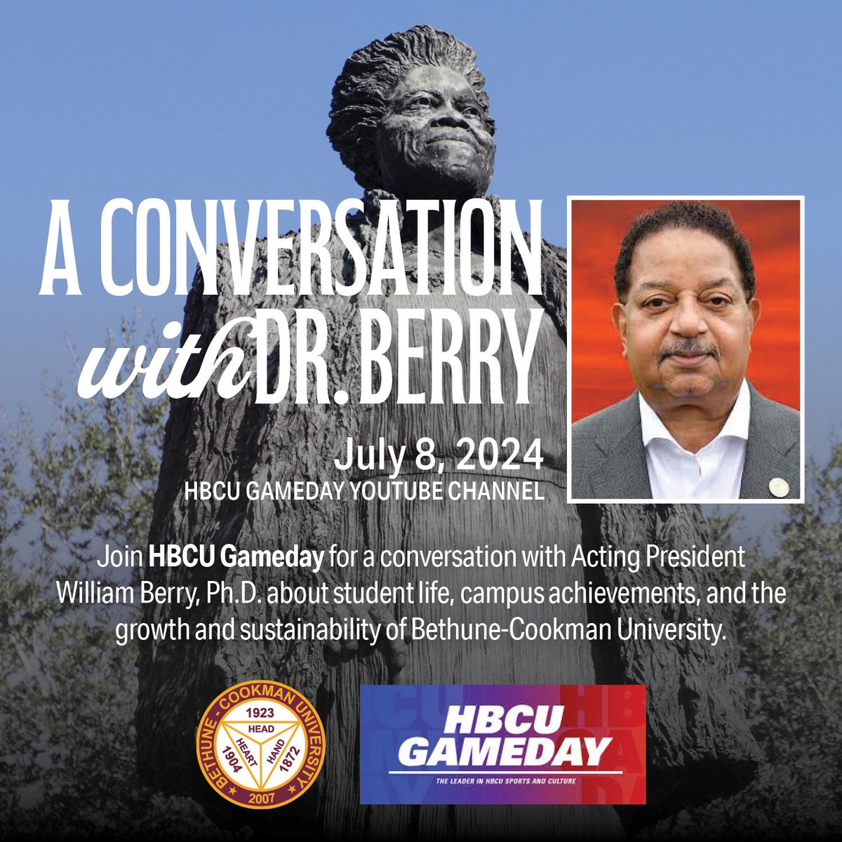 Bethune-Cookman (@bethunecookman) on Twitter photo HBCU Gameday correspondent Vaughn Wilson is exploring Florida's HBCUs in a series airing on the first four Mondays of July. Tune in on July 8 for an exclusive interview with Bethune-Cookman University’s Acting President Dr. William Berry. Full episodes on YouTube at <a href="/HBCUGameday/">HBCU Gameday</a>. HBCU Gameday correspondent Vaughn Wilson is exploring Florida's HBCUs in a series airing on the first four Mondays of July. Tune in on July 8 for an exclusive interview with Bethune-Cookman University’s Acting President Dr. William Berry. Full episodes on YouTube at <a href="/HBCUGameday/">HBCU Gameday</a>.