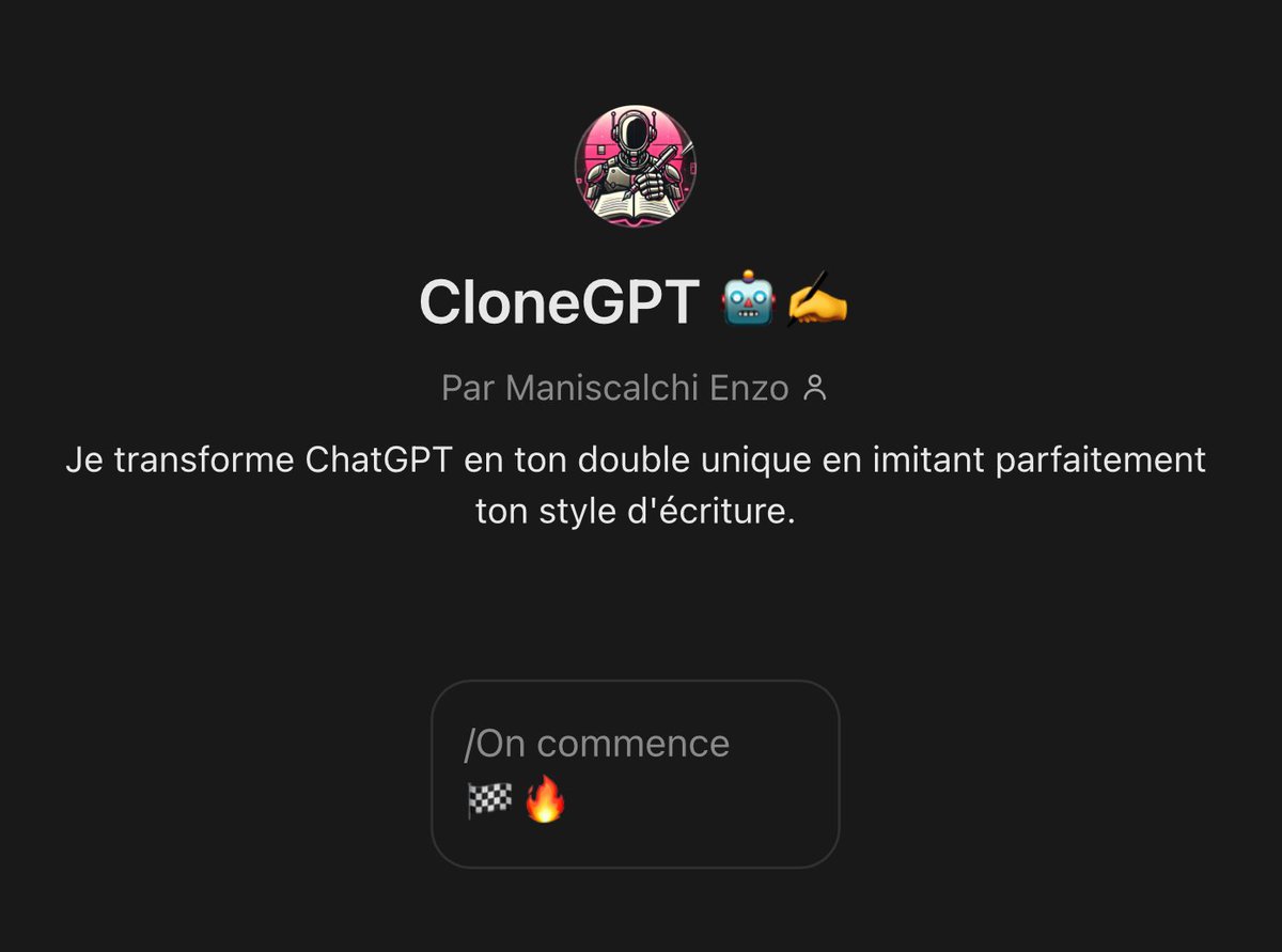 EnzoManis's tweet image. ChatGPT ressemble trop à un robot quand il écrit...

Alors je t'offre mon GPT qui écrira comme toi en quelques minutes. 🤯

Valeur de 22€, GRATUIT pendant 24 heures. 🔥 

Pour l'obtenir, c'est simple ⬇️

- Follow-moi (pour te DM)
- Like &amp;amp; RT 
- Commente « CloneGPT »