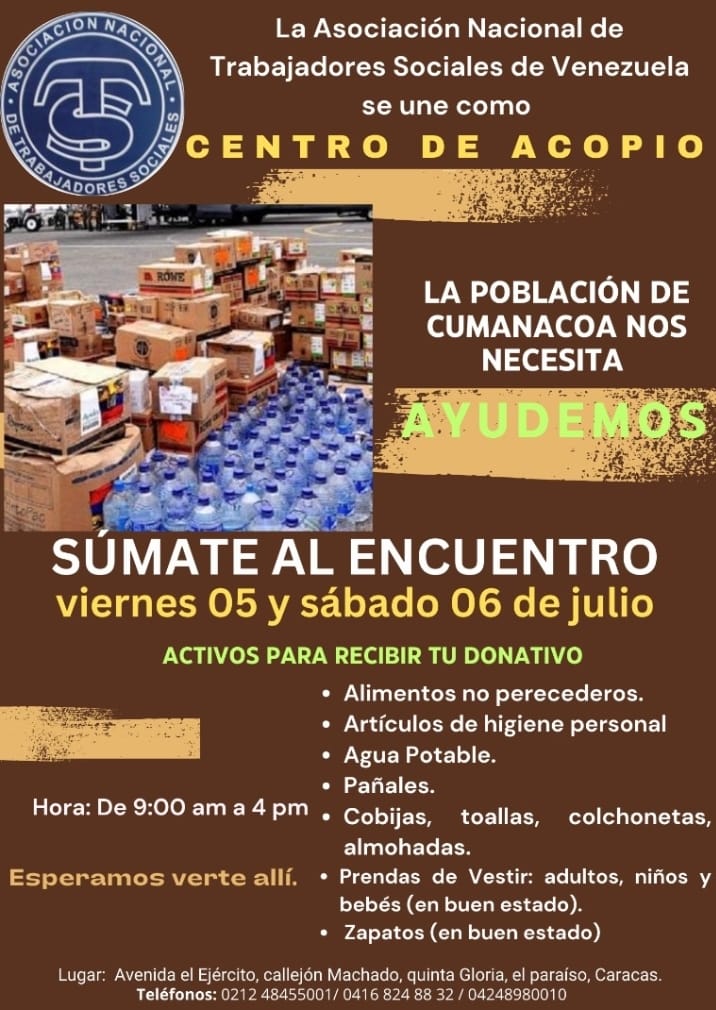 HacemosComunid's tweet photo. #Solidaridad La Asociación Nacional de Trabajadores Sociales se suma al operativo para recaudar donativos para  damnificados de #Cumanacoa, población del estado Sucre afectada por el desbordamiento del Rio Manzanares a causa de las lluvias. Para apoyar 👇👇 https://t.co/hGaziC0y9i