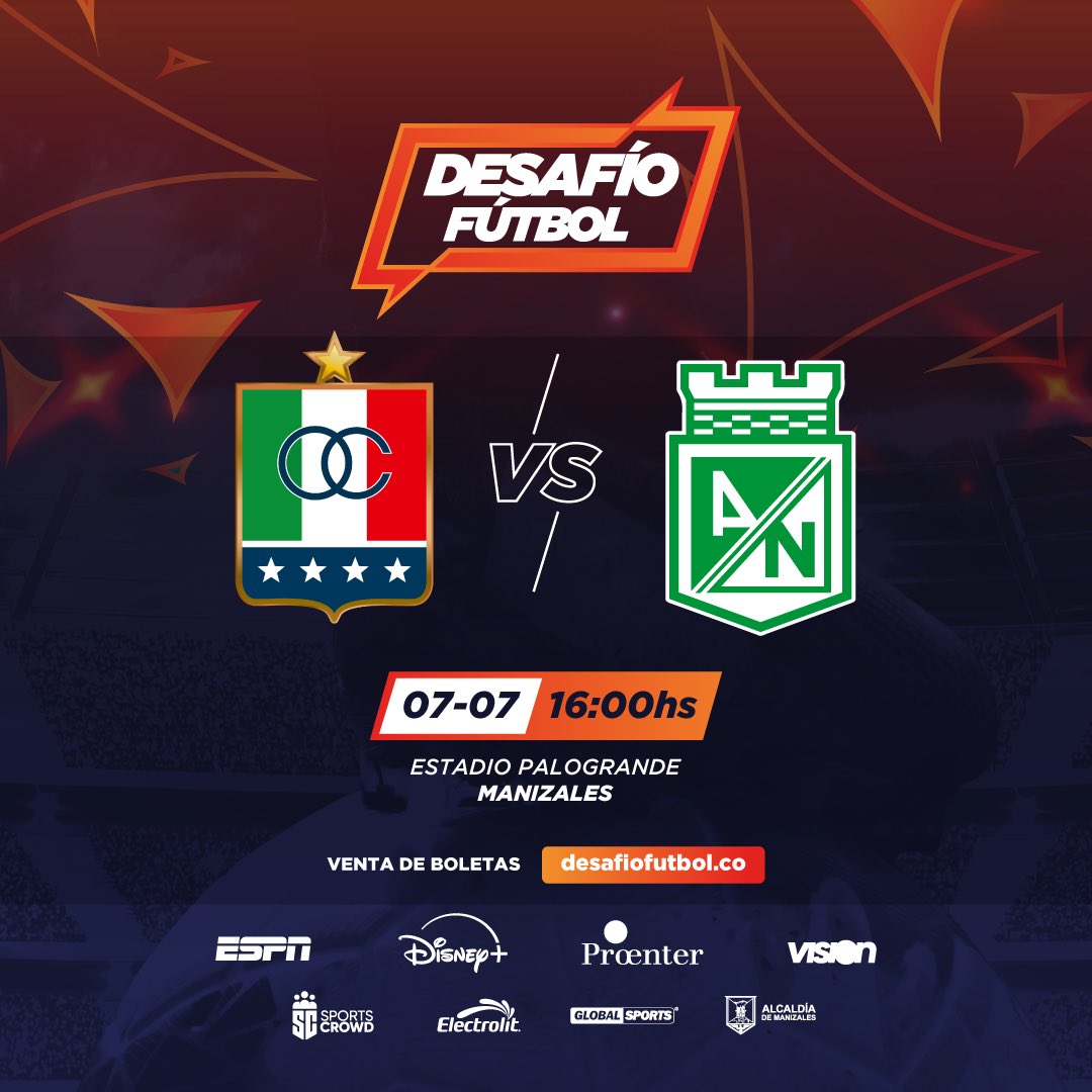 futbolproenter's tweet photo. ¡Se viene el segundo Desafío Fútbol!

@oncecaldas 🆚 @nacionaloficial 

🏟️ Estadio Palogrande Manizares 
🗓️ Domingo 7/7
⌚️ 16:00
📺 @ESPNColombia en @disneyplusla 
🎟️ https://t.co/69EcdlfPbq

Produce @ProenterArg https://t.co/1fEbE0RljE