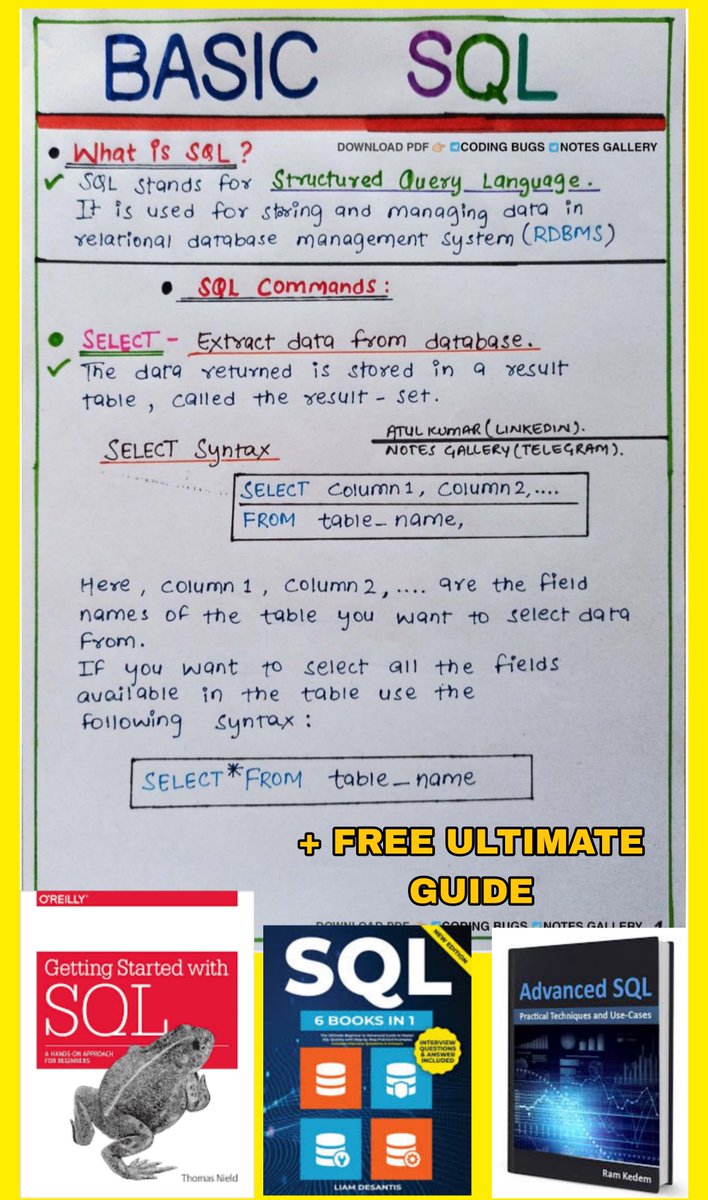 atulkumarzz's tweet image. I&apos;m deleting this soon because Its Paid - SQL Zero To Hero (Complete Notes) 📝

Paid BOOKS &amp;amp; NOTES Freee - 72 Hours ⏰
𝗪𝗼𝗿𝘁𝗵 $200,  𝗕𝘂𝘁 𝗙𝗥𝗘𝗘 3 DAY

Complete 5 BOOKS -  Zero To Hero

Simply:
1. Follow @atulkumarzz (so I will Dm)
2. Like and Rpst
3. Cmnt “send” 🧲

#sql