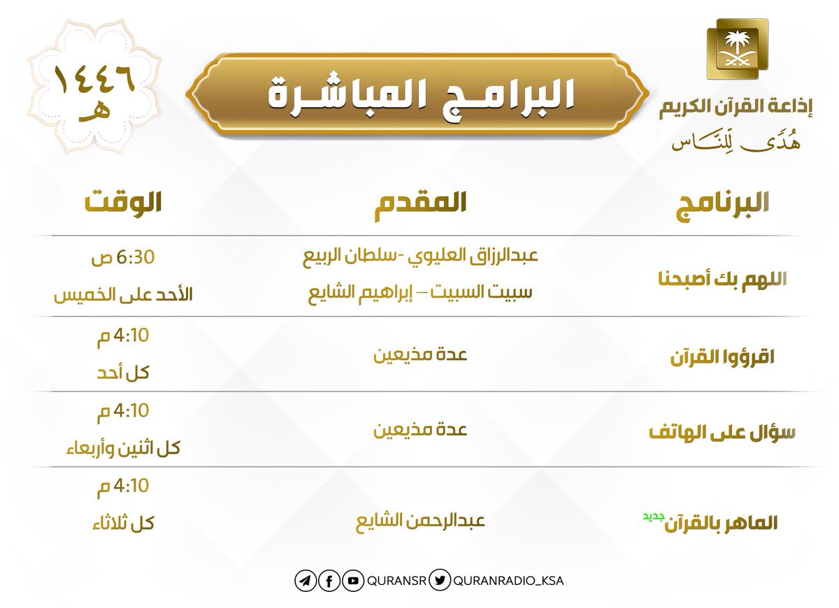 مستمعينا الكرام
نسعى جاهدين لتقديم أنفع البرامج عبر أثيركم المبارك ، وبعد تقديمكم لباقة من المقترحات الرائعة ، نسعد بإعلان الدورة البرامجية لعام 1446 هـ
والتي تحتوي على برامج منوعة جديدة بالإضافة لبرامج مستمرة وأيضا برامج من أرشيف الإذاعة الزاخر بالمحتوى النافع
تنطلق دورتنا