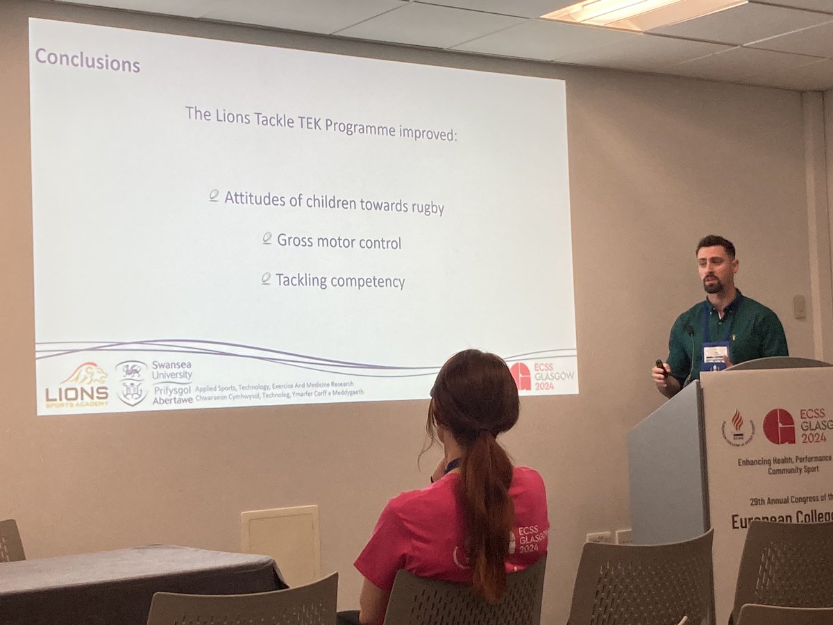 Fantastic to see <a href="/RobOwen91/">Robert Owen</a> discussing his research using the Lions Tackle TEK Programme <a href="/LionsSAOfficial/">Lions Sports Academy</a> to enhance children’s tackling and movement competency, as well as their enjoyment in rugby participation. @SUSciEng <a href="/E_C_S_S/">ECSS</a>