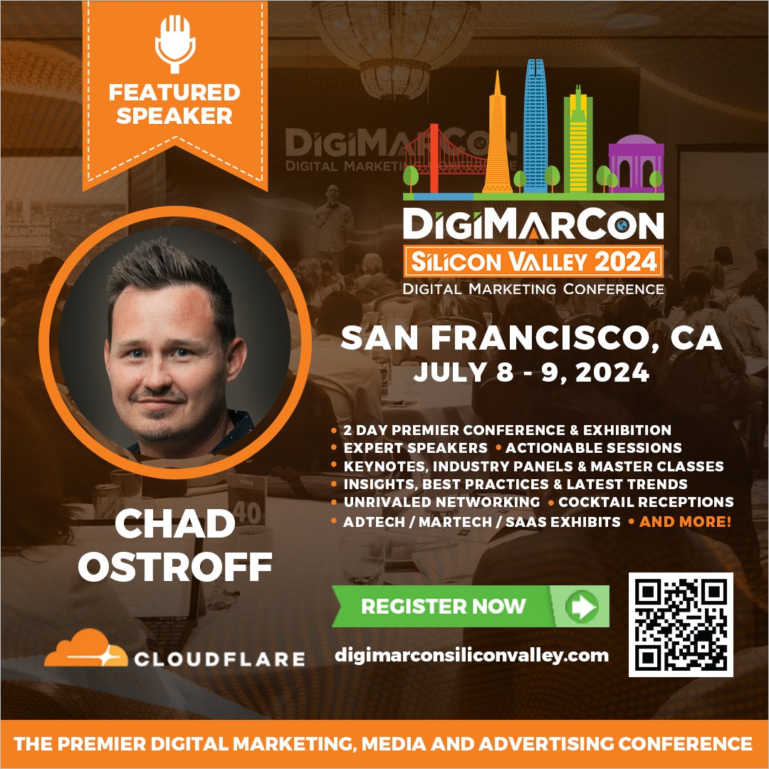 DigiMarCon's tweet image. Thrilled to have Chad Ostroff from Cloudflare as a speaker at #DigiMarConSiliconValley 2024! Join us from July 8th to 9th, 2024 at the Westin San Francisco Airport Hotel in San Francisco, California, and gain insights. Register now! digimarconsiliconvalley.com #DigiMarCon