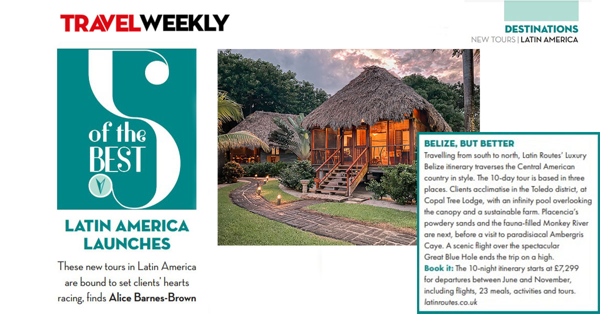 Latin Routes (@latinroutes) on Twitter photo We’re thrilled to be listed first in <a href="/travelweekly/">Travel Weekly</a> article on 5 new Latin America tours to book today! Our Luxury #Belize itinerary includes stays at some of the country's most luxurious and unique hotels, like Copal Tree Lodge. Read more here: latinroutes.co.uk/holidays/beliz… We’re thrilled to be listed first in <a href="/travelweekly/">Travel Weekly</a> article on 5 new Latin America tours to book today! Our Luxury #Belize itinerary includes stays at some of the country's most luxurious and unique hotels, like Copal Tree Lodge. Read more here: latinroutes.co.uk/holidays/beliz…