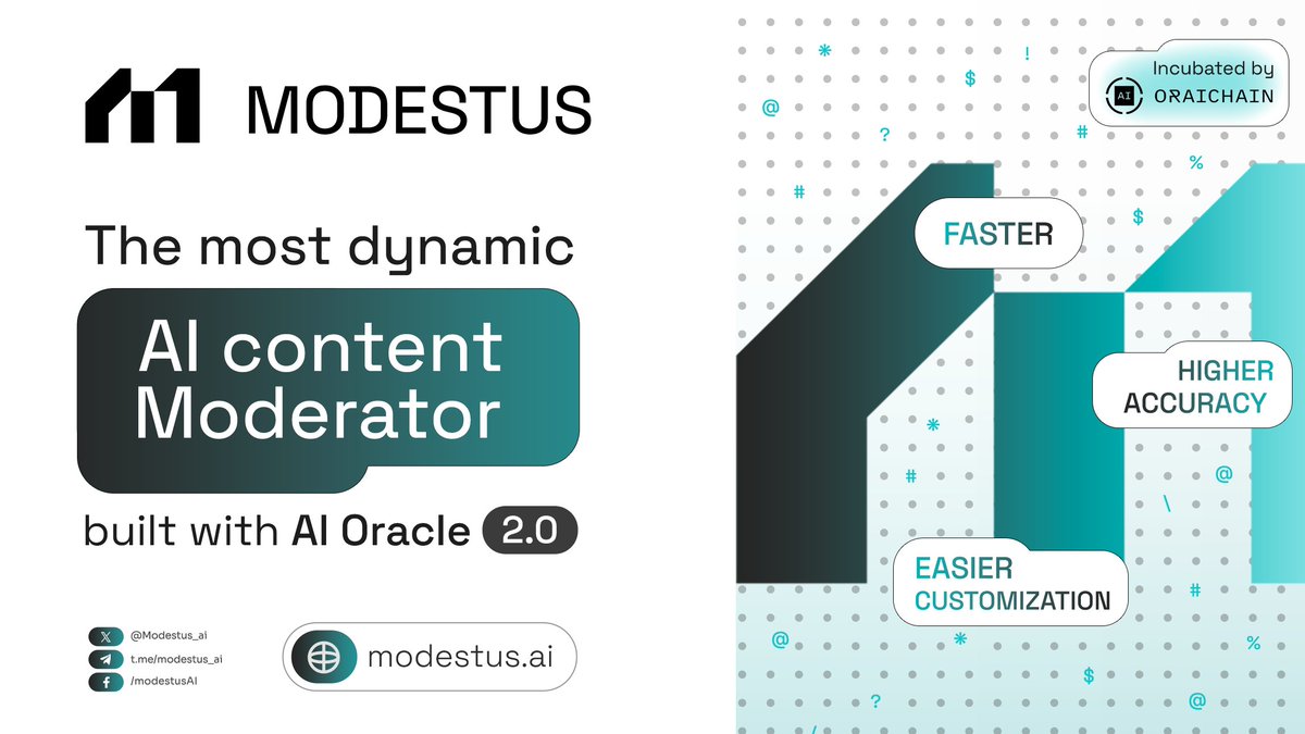 oraichain's tweet photo. We're thrilled to introduce @Modestus_ai, the newest incubated project from the Oraichain Incubation Program! 💥

💡 Advanced #LLM that leverages the power of Oraichain’s AI Oracle 2.0
🤖 Analyzes content based on policies & gets even better by adapting them in real-time, all without retraining!

📗Full article:  https://t.co/ZynZVYHZ4q

👉 Experience Modestus now: https://t.co/kOadUeF0l1
