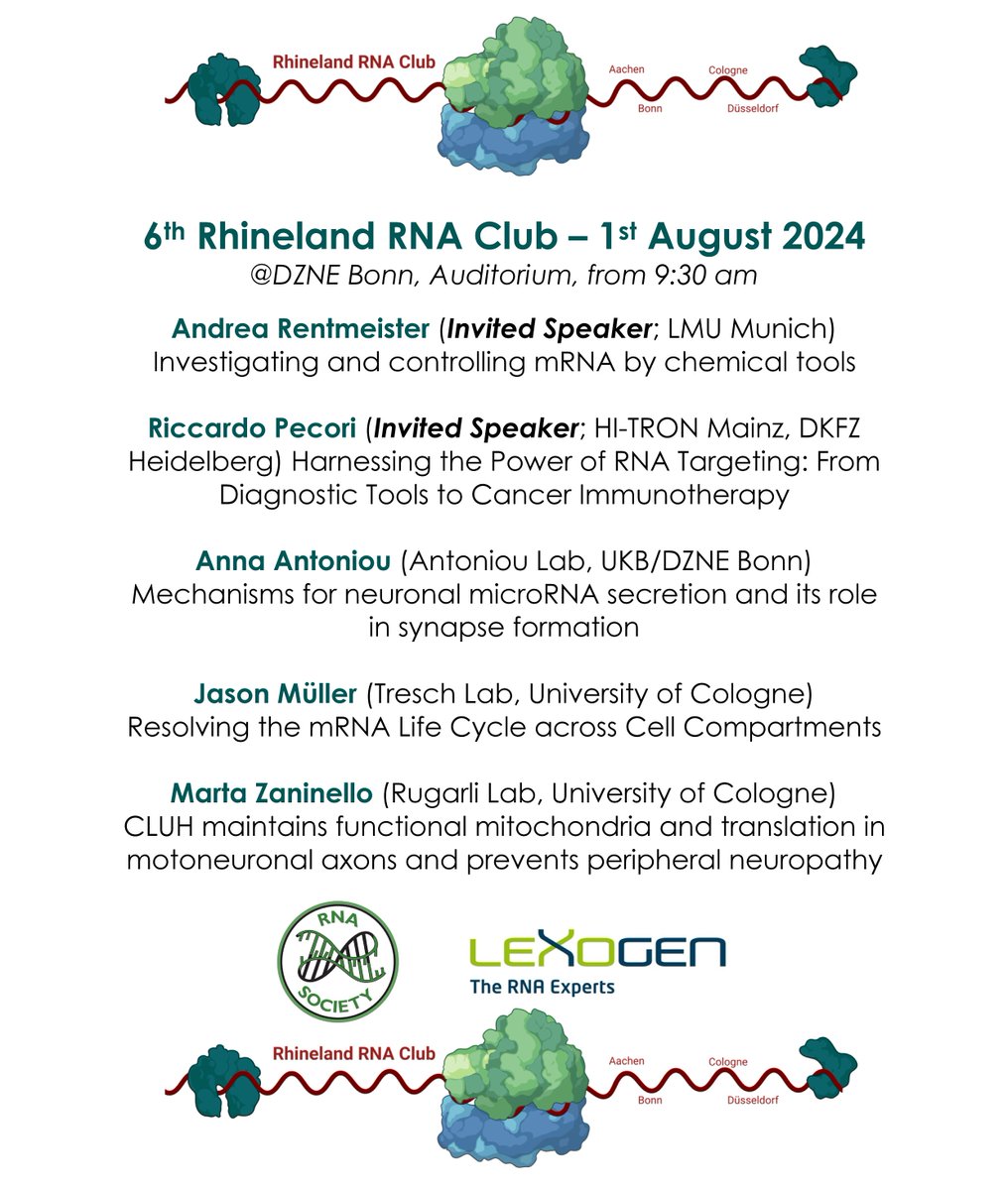 RhinelandRNA's tweet image. We invite all #RNA enthusiasts to join us on 1st August 2024 @DZNE_en on #RNADay (1st AUG) in Bonn for our 6th Rhineland RNA Club/Salon meeting (sponsored by @RNASociety @lexogen). We have fantastic local #RNA speakers and for the first time two exciting invited speakers! 🧬