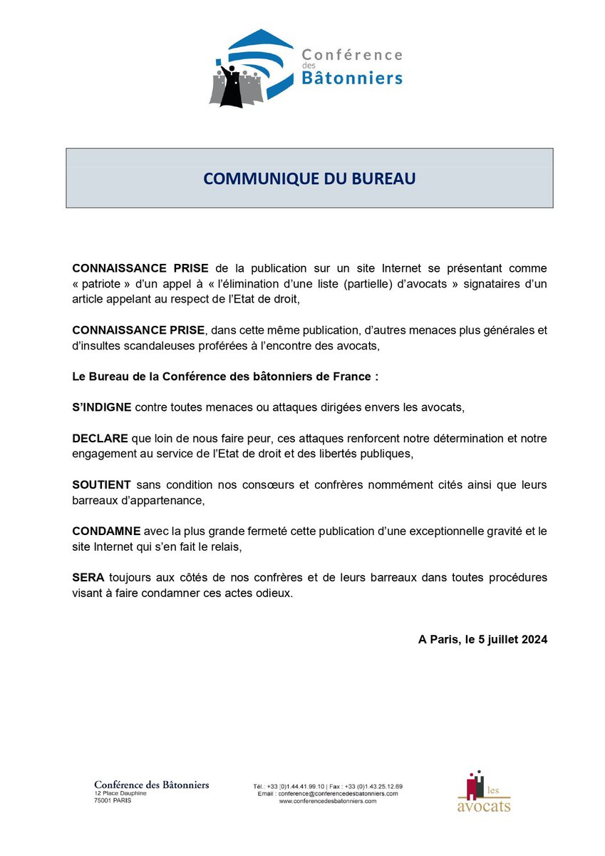 🔴 l’<a href="/OrdreLaRsy/">Barreau de La Roche-sur-Yon</a> s’associe au communiqué de la <a href="/Conf_Batonniers/">ConférenceBâtonniers</a> et apporte tout son soutien aux Avocats visés sur la liste incriminée.