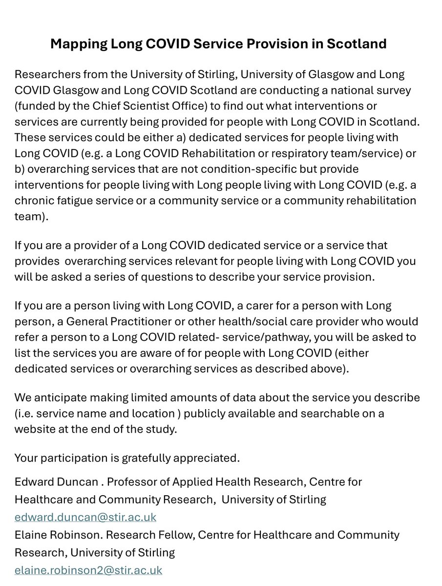 Edward Duncan (@easduncan) on Twitter photo Important opportunity to take part in a national
<a href="/CSO_Scotland/">CSO(Health)Scotland</a> funded study to identify and describe current #LongCOVID service provision in Scotland. Please read below and click here for further information and to participate in the survey shorturl.at/yOGRc Important opportunity to take part in a national
<a href="/CSO_Scotland/">CSO(Health)Scotland</a> funded study to identify and describe current #LongCOVID service provision in Scotland. Please read below and click here for further information and to participate in the survey shorturl.at/yOGRc