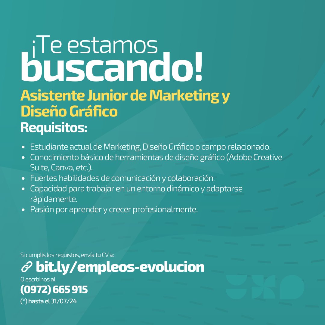 ¡Se parte de nuestra empresa!
Si cumplís los requisitos, envía tu CV al siguiente link bit.ly/empleos-evoluc…

Donde el talento y las oportunidades se unen.