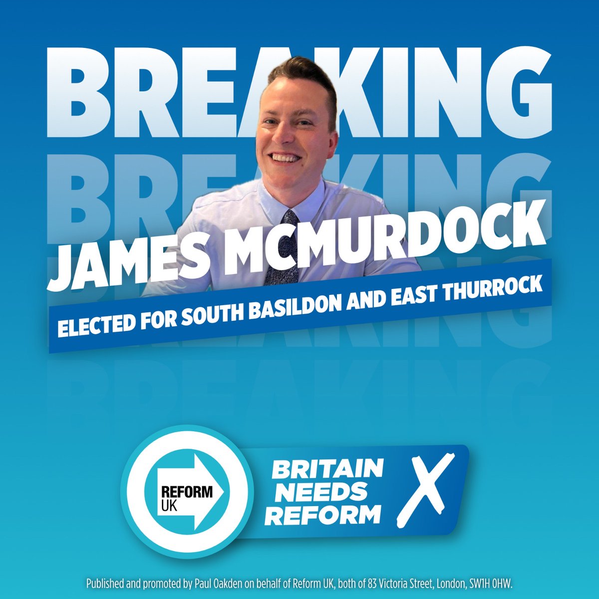 reformparty_uk's tweet image. 🚨Breaking News: James McMurdock wins in South Basildon and East Thurrock!