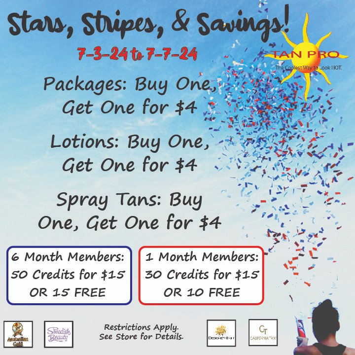TanProUSA's tweet image. Stop into #TanPro this weekend for tantastic savings! Sale ends Sunday, 7/7/24!
#tanprousa #tanning #ohiotanning #bogo #discounts #tanninglotion #spray #spraytan #sunless #tanningsalon #sunkissed #australiangold #swedishbeauty #designerskin #californiatan #jwowwbyjennifarley