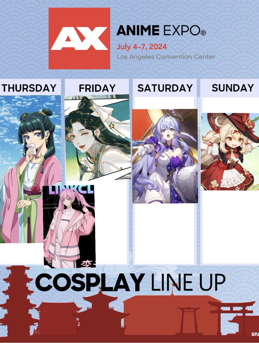 AiTsukiArt's tweet photo. My AX cosplay lineup ٩(๑❛ᴗ❛๑)۶ 
I’ll be giving out some new stickers I drew at the con and gatherings. I’ll be at the mxtx gathering on Friday and HSR gathering Saturday. 

#animeexpo #animeexpo2024 #ax #apothecarydiaries #mxtx #tgcf #honkaistarrail #hsr #genshinimpact https://t.co/AU10UDqVz8
