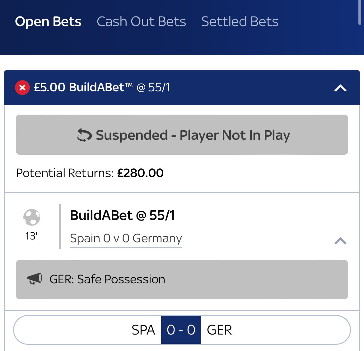 AzBlako44's tweet photo. @SkyBet Why is there no cash out option? Pedri won a foul? Please clear it! https://t.co/P7IMn0T0cH