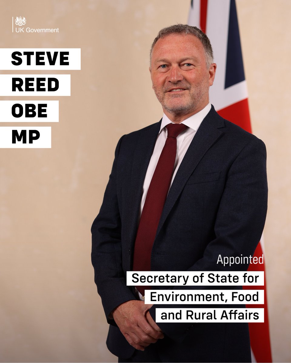 Steve Reed OBE MP <a href="/SteveReedMP/">Steve Reed MP</a> has been appointed Secretary of State for Environment, Food and Rural Affairs <a href="/DefraGovUK/">Defra UK</a>.