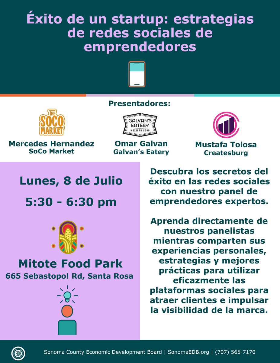 📣¡Este Lunes, 8 de Julio!
Descubra los secretos del éxito en las redes sociales con nuestro panel de emprendedores expertos.
Presentadores: The SoCo Market, Galvan’s Eatery, y Createsburg