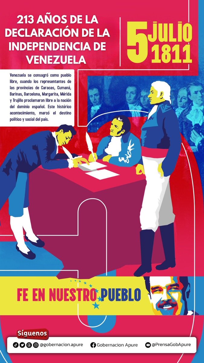 Hoy conmemoramos los 213 años de la Declaración de la Independencia de Venezuela, un hito que marcó el inicio de una lucha por la libertad y la soberanía. 

 #IndependenciaVenezuela #213Años