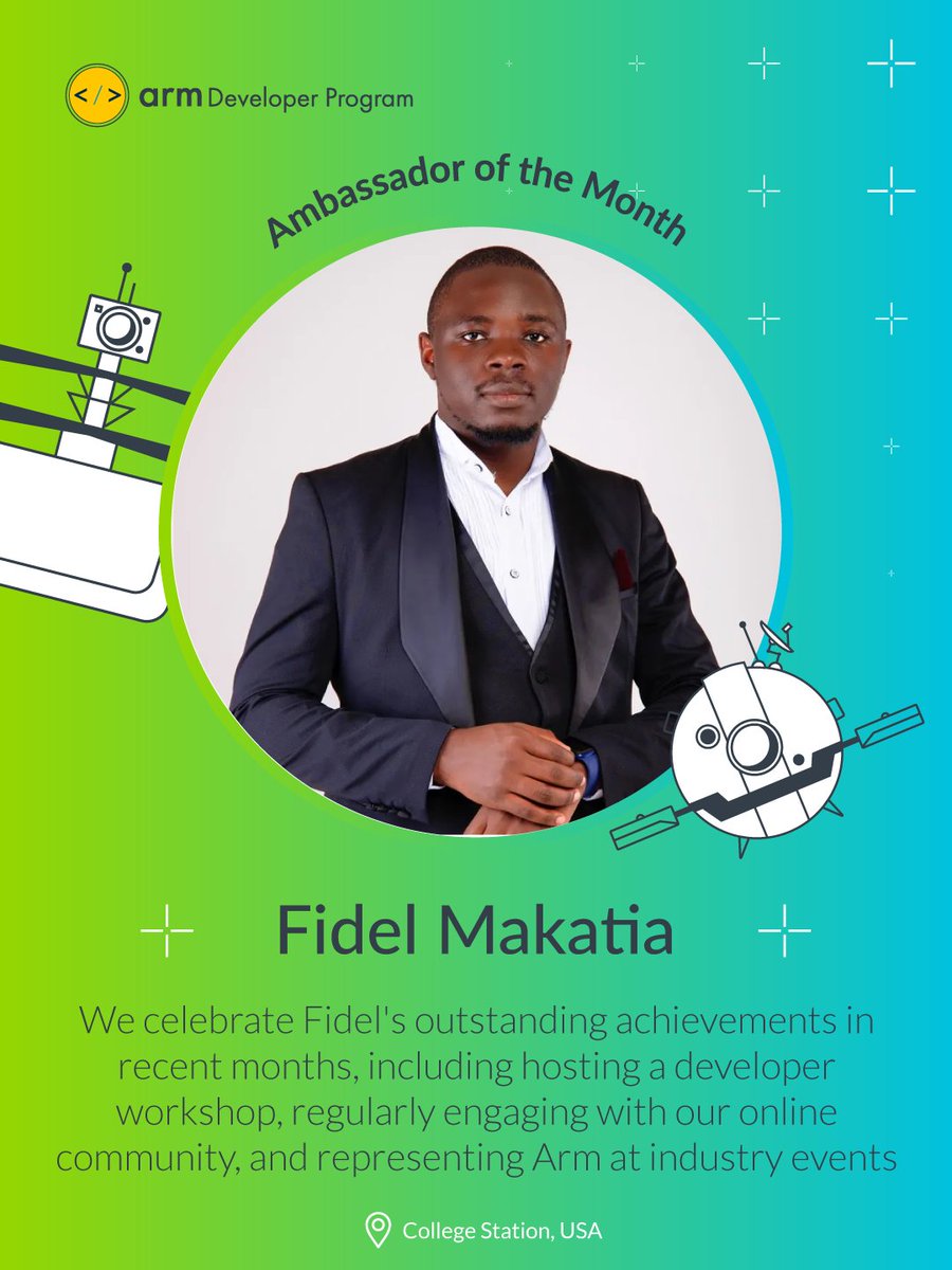 Here's to our Arm Ambassador of the month, @Fmakatia! 👏

Fidel continues to make incredible contributions to the community and #ArmDeveloper Program, most recently hosting a Meetup at Texas A&amp;M University.

Thank you for your consistency, commitment and all you do, Fidel. 🎉