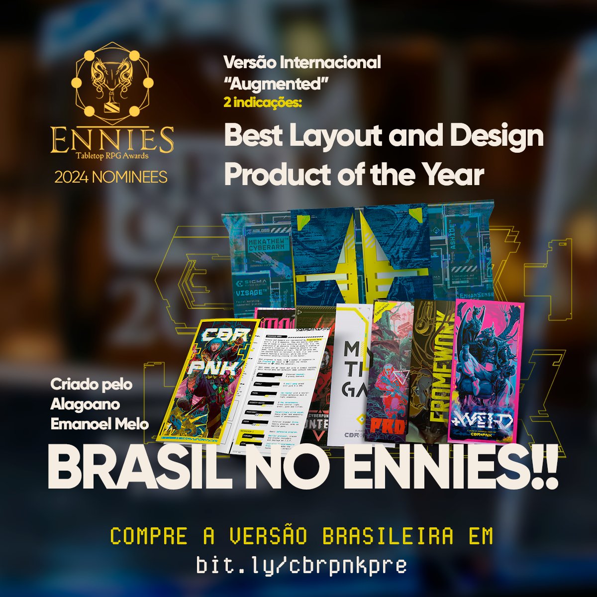 SecularGames's tweet image. Com muita alegria que recebemos a notícia que o CBR+PNK criado por @emanoelmelo  em sua versão internacional foi indicada a 2 categorias, melhor design/layout e produto do ano. Uma grande conquista para um jogo brasileiro publicado no exterior.