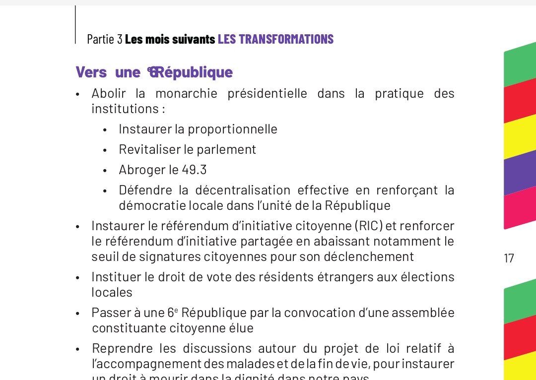 Le changement de Constitution est prévu noir sur blanc à la page 17 du programme du nouveau front populaire.

Vous devriez le lire. Et le dénoncer, donc, si j'ai bien compris la logique.