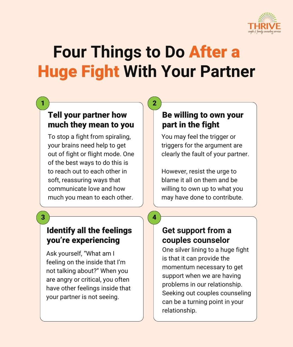 Fighting in a relationship is normal, although it can be hurtful. Here are four things our Emotionally Focused couples’ therapists recommend you do to repair your relationship after a big fight. 

Get the details on the blog: buff.ly/3kL3NQM