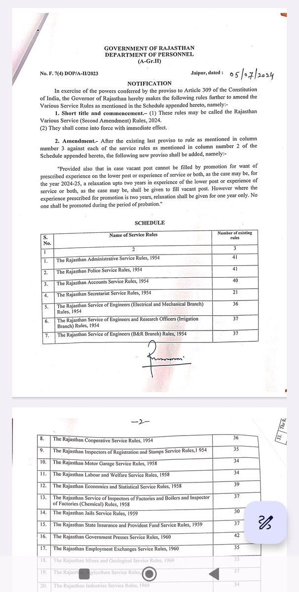 पदोन्नति में अनुभव शिथिलन हेतु लंबित पत्रावली का माननीय मुख्यमंत्री श्री <a href="/BhajanlalBjp/">Bhajanlal Sharma</a> जी की अनुशंसा पर महामहिम राज्यपाल महोदय <a href="/KalrajMishra/">कलराज मिश्र (Kalraj Mishra)</a> जी ने अनुमोदन कर दिया है, इससे सभी पदोन्नतियों में अनुभव में 2 वर्ष का शिथिलन दिया जायेगा। इस शिथिलन से उप प्राचार्य से प्राचार्य बनने हेतु
