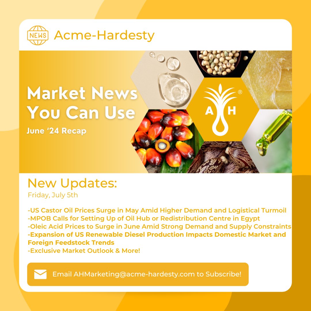 Get key insights and stay updated with Acme-Hardesty's monthly #marketnewsyoucanuse.
👉 Email ahmarketing@acme-hardesty.com to get your personal copy.

#mnycu #trackingtrendssoyoudonthaveto #clearlycommodities #acmehardesty #commodities #oleochemicals #castoroil #palmoil