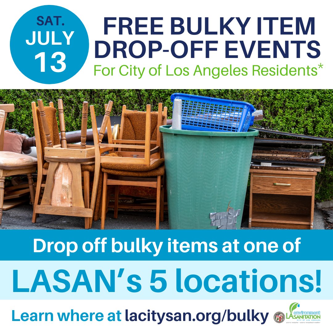 LACitySAN's tweet photo. Drop off #bulkyitems with us FREE #Saturday July 13th at one of five locations around the City of Los Angeles.
Click the link for locations https://t.co/V7QGOFkCG1
#springcleaning #organizing #downsizing #sustainability https://t.co/9tTY3WYYon