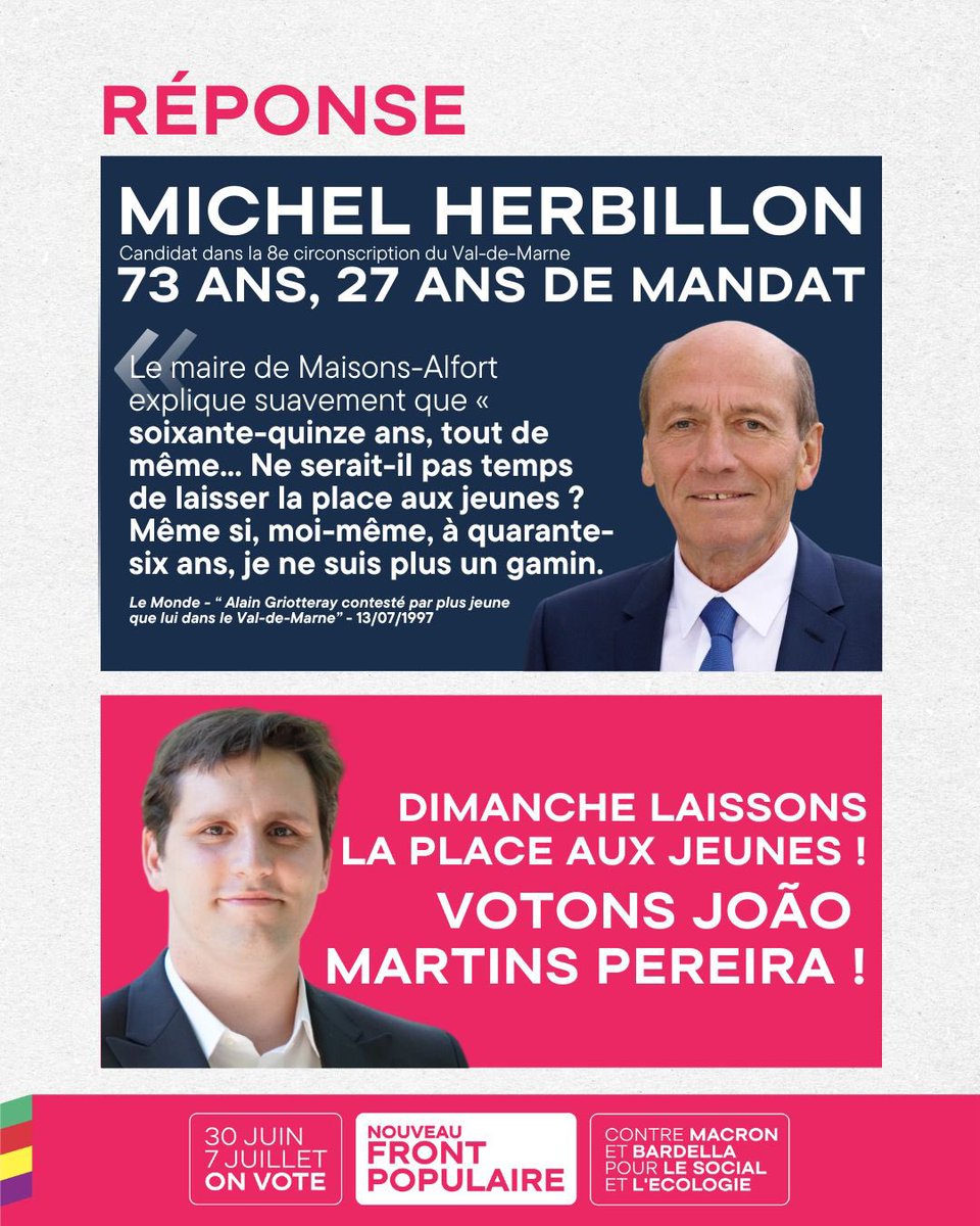 JeunesSoc94's tweet photo. 👉 C’était Michel Herbillon dans un article du Monde de 1997 !

Et si ce dimanche on laissait vraiment la place aux jeunes en votant @MPereiraJoao ?

#Legislatives2024 https://t.co/UKGyVVJrmO