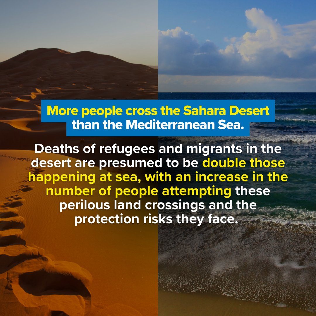UN's tweet photo. Refugees &amp; migrants face extreme violence, abuse &amp; exploitation on their journeys toward a better future.

In Africa, more people cross the Sahara Desert than the Mediterranean, but the dangers on these land routes are under-documented.

More from @Refugees‌ ⤵️