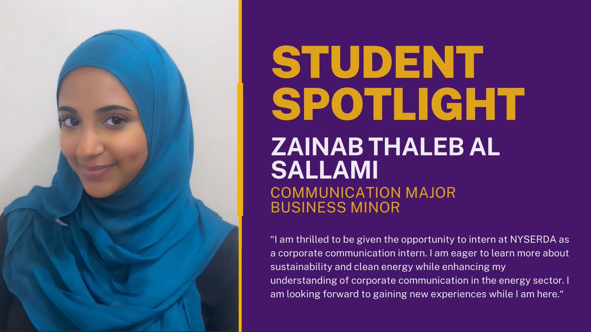 COM major Zainab Thaleb Al Sallami has been selected for <a href="/suny/">SUNY - The State University of New York</a> Climate Corps Internship Program and will be interning <a href="/NYSERDA/">NYS Energy Research and Development Authority</a> 🌱🔬 It will allow her to gain hands-on experience in sustainability and environmental policy. Congratulations!  #ualbany #sustainability #studentSuccess