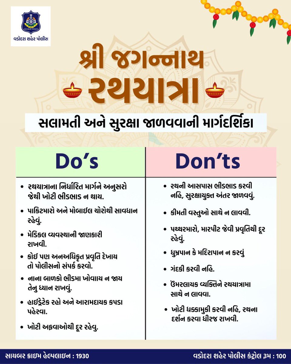 Vadcitypolice's tweet photo. શ્રી જગન્નાથ રથયાત્રા: તમારી સલામતી, અમારી પ્રાથમિકતા.
#vadodaracitypolice #vadodararathyatra2024
#JagannathRathYatra #SafetyFirst #SecurityGuidelines #StaySafe #RathYatra2024 #CommunitySafety @dgpgujarat @GujaratPolice https://t.co/92ewUiINGE