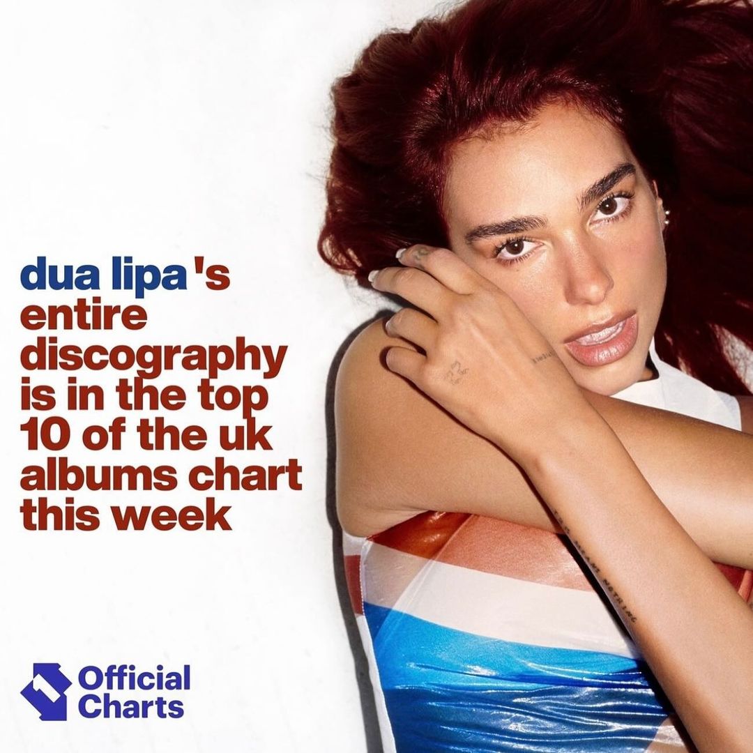 DUALIPA's tweet photo. All 3 of my albums are in the TOP 10 in the UK THIS WEEK!!!! 🦋my children doing me sooo proud 🤸🏻‍♀️🤸🏻‍♀️🤸🏻‍♀️🤸🏻‍♀️🤸🏻‍♀️🤸🏻‍♀️ thank you for all the love and support and for letting me soundtrack your days over these past 8/9 years!!!!! https://t.co/MvBdKAVRfe