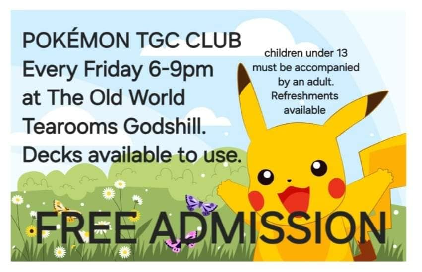Pokemon TGC club tonight from 6pm at the old world tearooms.
Also lots of Pokemon cards &amp; merchandise available in our gift shop.