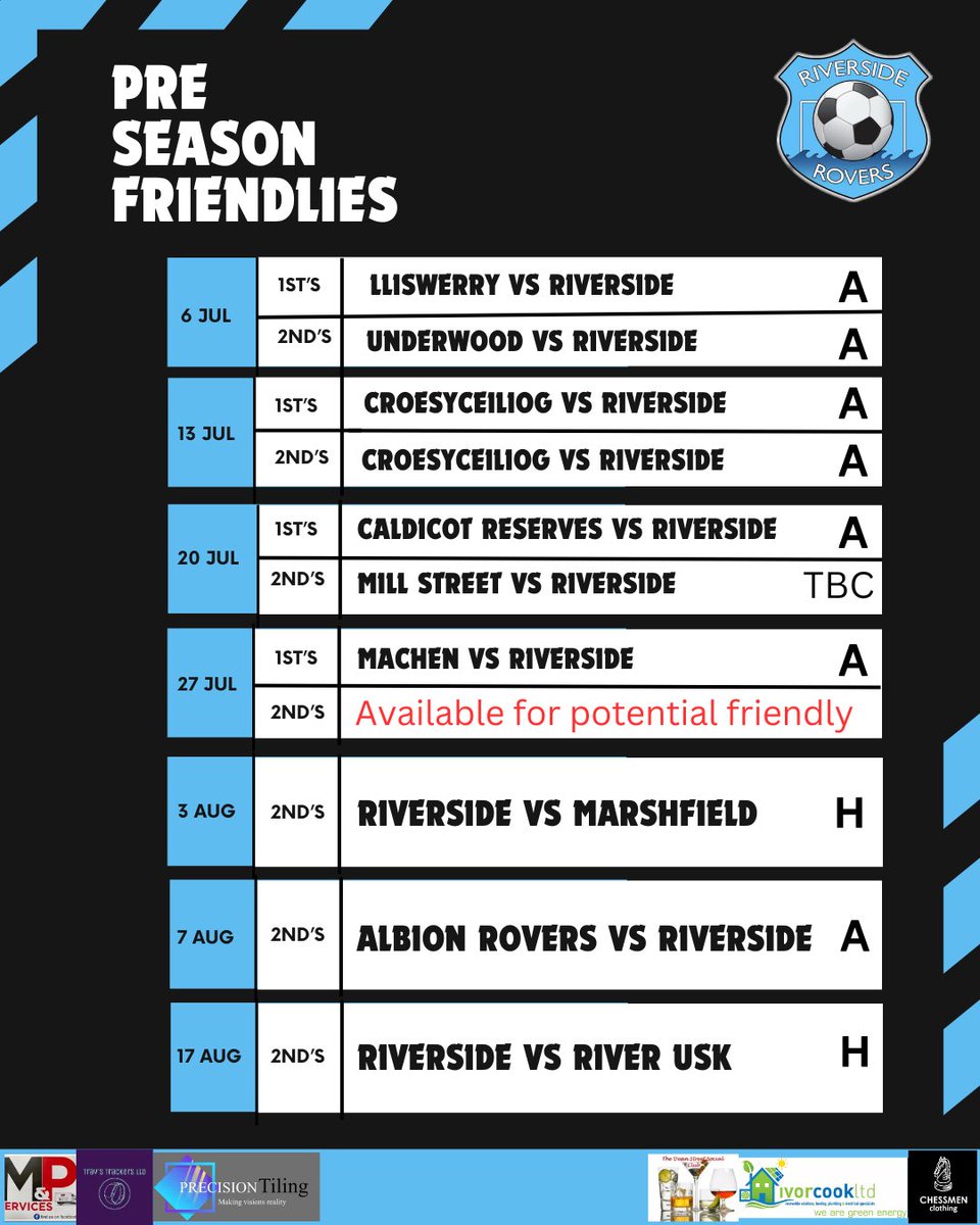 Riverside Rovers’ First and Second team’s pre season fixtures. 

We have the availability for 27th July for our Second team, if any teams are interested. 

#UTR 🐕🩵