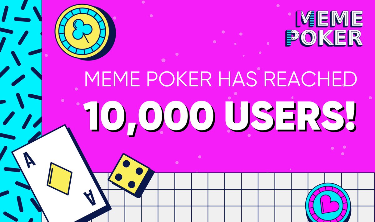 🎉 WOW! MEME POKER HAS GAINED 10,000 USERS! 🎉
We launched on July 1 and have already gained such a cool community. Thanks for being a part of our growing community! 💫

Join us this Sunday for our first tournament. It's going to be awesome! ❤️

#MemePoker #10kUsers