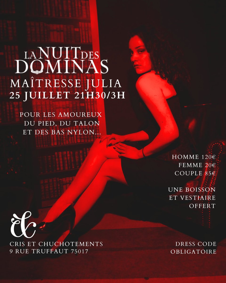 Mercredi 10
Art &amp; Luxure
Exposition et 
Bijoux de soumissions
LBS &amp; LDSbijoux
21H30/3H

Vendredi 12
Cuir &amp; Dentelle
Lady Saylie 
Et Maitresse Thaïs
Lecture pegging
16H/20H

Vein
Goth Bdsm
Par Red Dominatrix
22H/4H

Jeudi 25
Nuit des Dominas
Fétishisme
Maîtresse Julia
21H30/3H