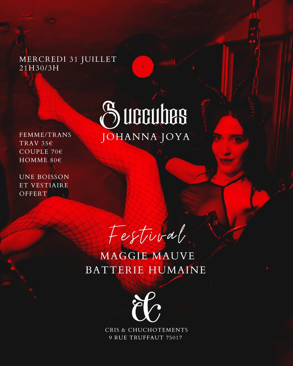 Samedi 27 
Vente aux esclaves
21H30/4H

Mercredi 31
Succubes
Johanna Joya
21H30/2H

Le club est ouvert hors évènements du mercredi au samedi à partir de 22h

Hâte de vous recevoir dans notre antre du démon...

Merci @pauzat__baptiste pour les nouveaux logos ils sont inspirants!