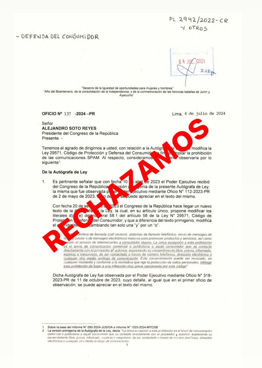 Como presidente de la <a href="/CODECOperu/">Comisión de Defensa del Consumidor 2023-2024</a>, rechazo categóricamente a la observación del Poder Ejecutivo sobre la ley anti-#spam. 
Desde el Congreso, lucharemos por la aprobación por insistencia. 
Nadie debe recibir llamadas comerciales no solicitadas; es una invasión de la privacidad.