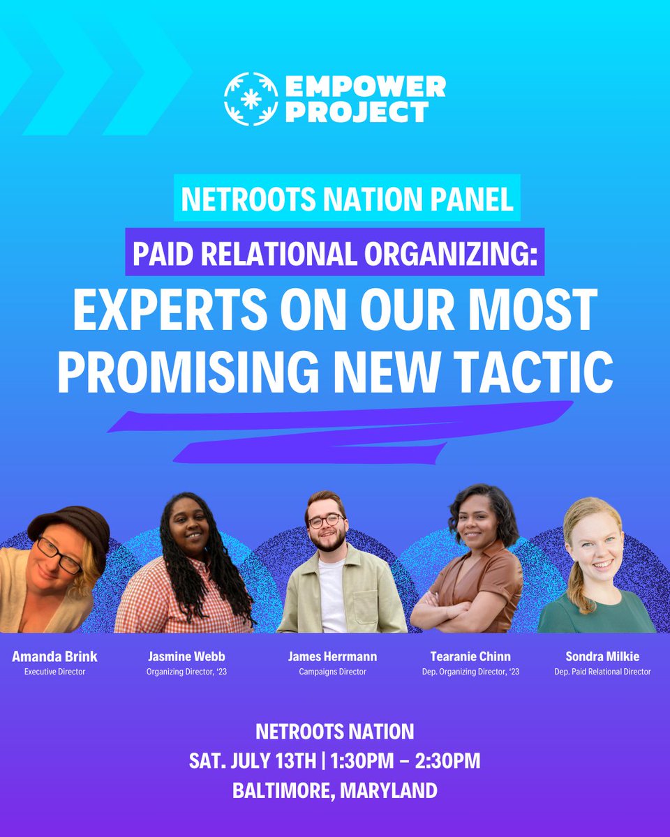 Empower Project (@empowerprojus) on Twitter photo Join us for a panel at <a href="/Netroots_Nation/">Netroots Nation</a> 2024 in Baltimore! Our research shows relational organizing can be significantly more impactful and more efficient than all other modes of campaign communication.
📍July 13th | 1:30 PM - 2:30 PM
Register here👇🏽
registration.socio.events/e/netroots24 Join us for a panel at <a href="/Netroots_Nation/">Netroots Nation</a> 2024 in Baltimore! Our research shows relational organizing can be significantly more impactful and more efficient than all other modes of campaign communication.
📍July 13th | 1:30 PM - 2:30 PM
Register here👇🏽
registration.socio.events/e/netroots24