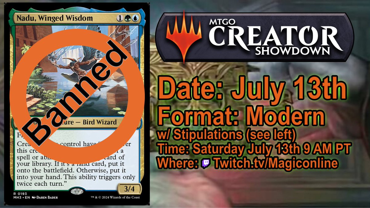 AKirA (@simoneakira) on Twitter photo Sabato 13 sono stato invitato al creator showdown di #mtgo dove verrà bannata da tutte le decklist la carta che più sta facendo discutere gli appassionati di #MagicTheGathering
Grazie <a href="/DaybreakGames/">Daybreak Games</a> per l’occasione e per l’idea
Accenderò la diretta per tutto il torneo: siateci! Sabato 13 sono stato invitato al creator showdown di #mtgo dove verrà bannata da tutte le decklist la carta che più sta facendo discutere gli appassionati di #MagicTheGathering
Grazie <a href="/DaybreakGames/">Daybreak Games</a> per l’occasione e per l’idea
Accenderò la diretta per tutto il torneo: siateci!