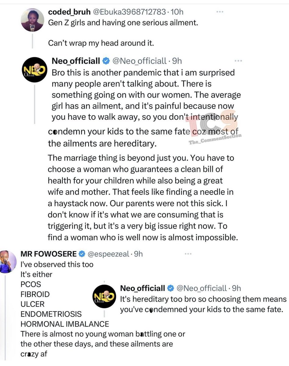 Can y’all explain this conversation so we can have healthy discourse. Not here to bash the men in this convo I’m just very perplexed <a href="/espeezeal/">MR FOWOSERE</a> PCOS is a condition, identified in 1935. 1 in 6 women in Nigeria have PCOS. What’s the Genz statement about?  #wheretheheckismyperiod