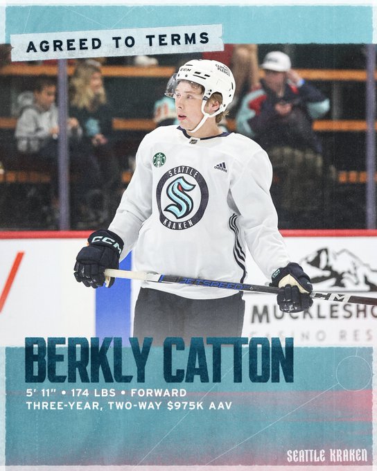 Entry level contract agreement graphic featuring Berkly Catton in white practice jersey
