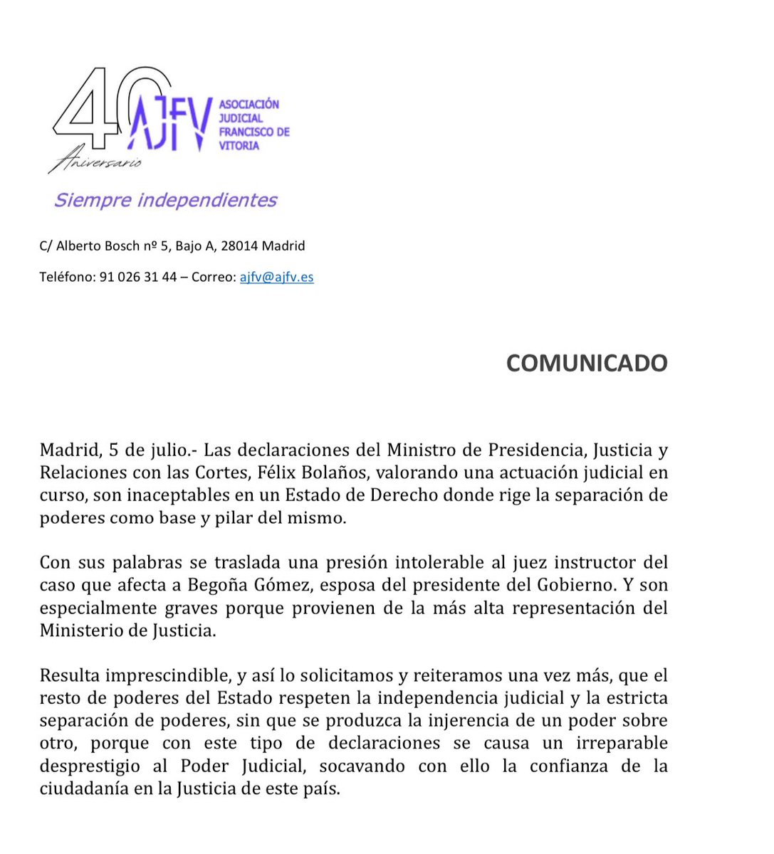 MagistraThor's tweet photo. 🚨🚨Importante comunicado de la Asociación de Jueces Francisco de Vitoria sobre las declaraciones realizadas por el Ministro de Justicia valorando las actuaciones judiciales seguidas ante el Juzgado de Instrucción numero 41 de Madrid,  en el caso de la esposa del Presidente del Gobierno👇👇