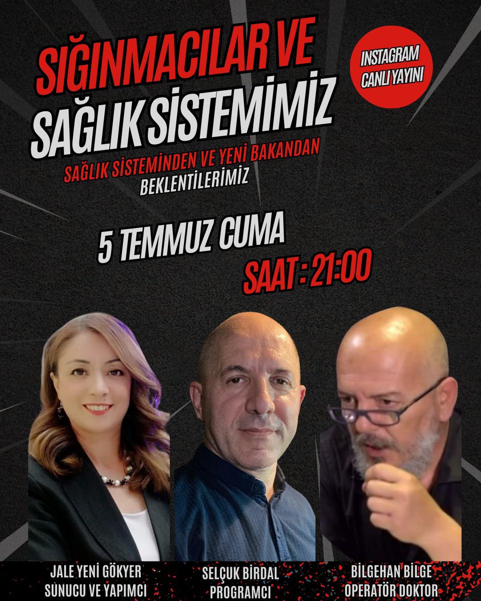 “Sığınmacılar ve Sağlık Sistemimiz”
Bu akşam saat 21:00’de Instagram canlı

<a href="/OpDrBilgehan/">Op.Dr.Bilgehan BİLGE</a> <a href="/Jaleyenigokyer/">JaleYeniGökyer</a>