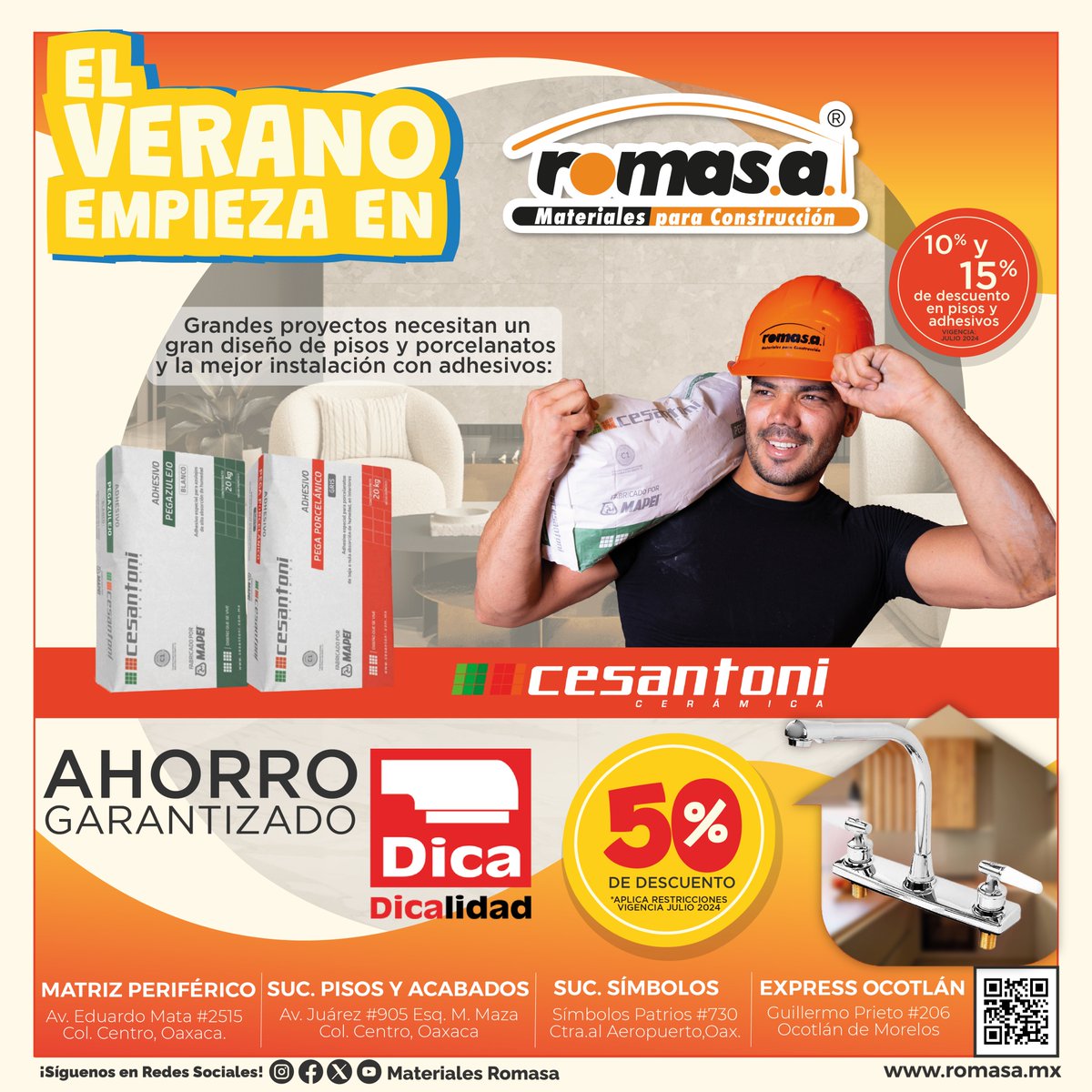 Romasacv's tweet photo. El verano comienza en #MaterialesRomasa, ya que grandes proyectos necesitan un diseño de pisos y porcelanatos únicos, 10% y 15% así como en adhesivos #Cesantoni, y si buscas realmente un ahorro garantizado con los accesorios para baño y cocina de #Dica lo tendrás con el 50%. https://t.co/HiTnPjPgxz