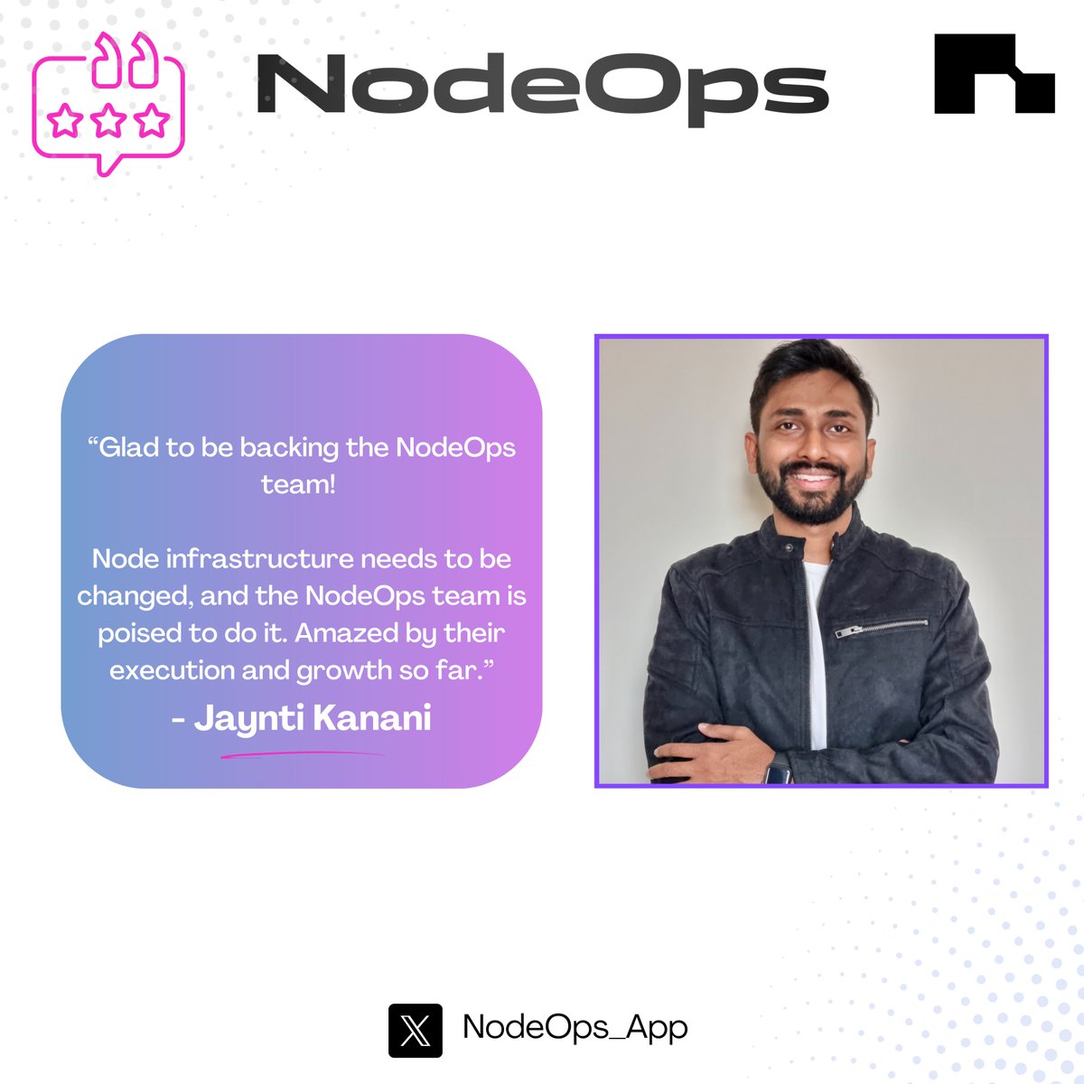 NodeOpsHQ's tweet image. Big thanks to @jdkanani for backing us!

His support validates our hustle, and together we&apos;re taking node infrastructure management to the next level.🚀

#NodeOps #NodeOpsTeam #nodeinfrastructure