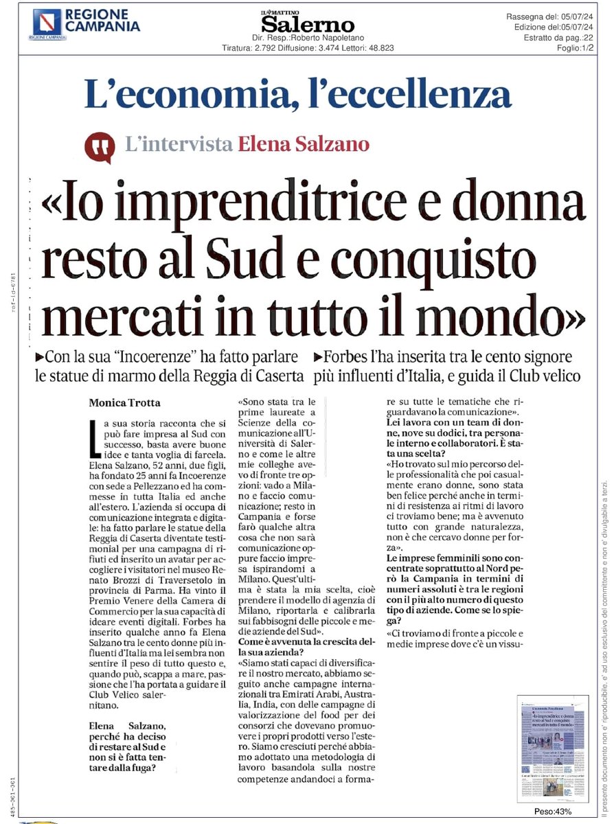 incoerenze's tweet image. Una bella intervista de il @MattinoSalerno alla nostra CEO @ElenaSalzano. Il racconto di 25 anni di attività, il legame con il territorio, i successi e le sfide da affrontare per ambire sempre a un livello di eccellenza. 
Buona Lettura!📰

#inCoerenze
#Contenitorididee